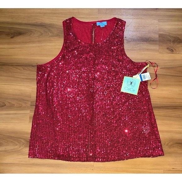 CeCe Tops - Womens NWT CeCe Sequin Red Party Nightlife Eyelet TankTop